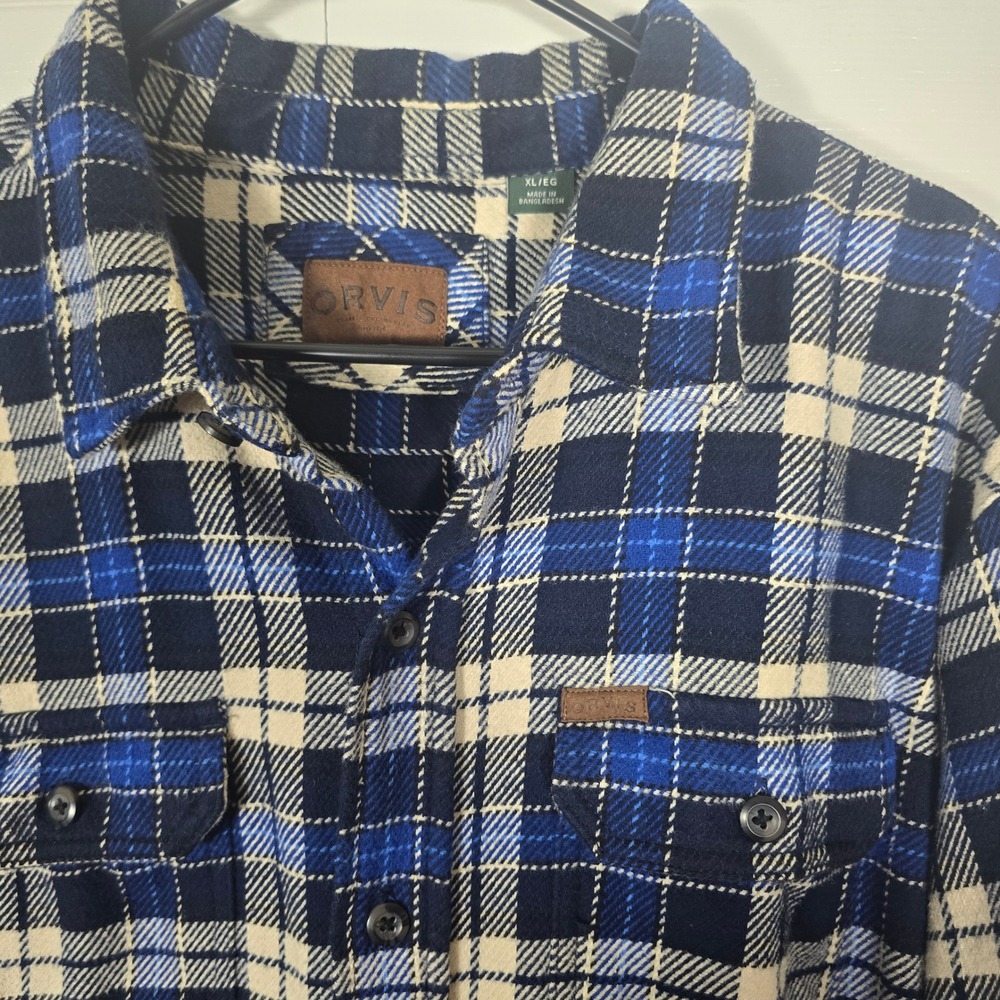 Orvis Men's XL Blue Plaid Flannel Button Down Shirt 100% Cotton Long Sleeve